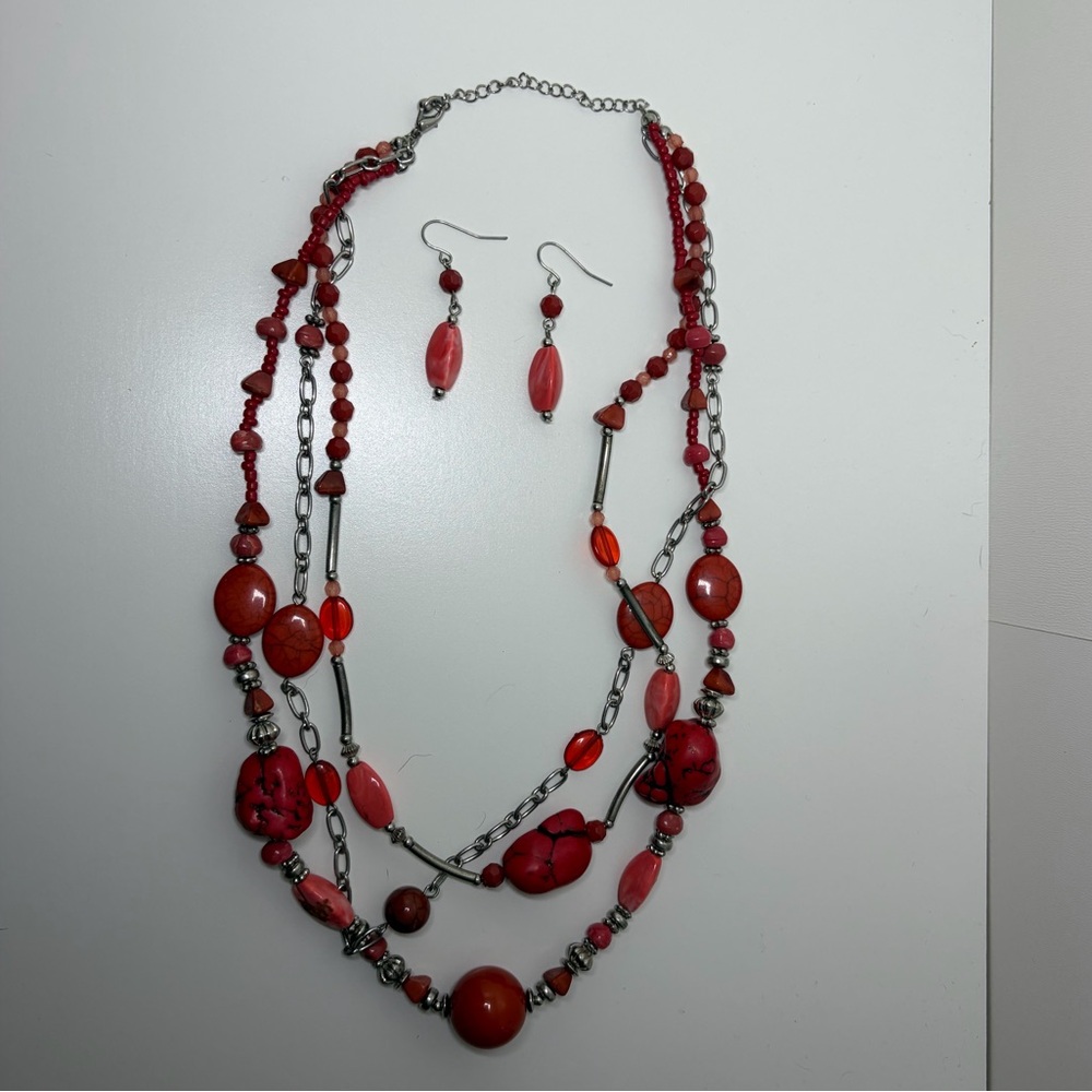 Elegant Red and Silver Necklace and Earring Set
